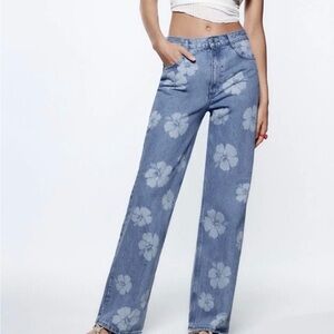 Zara Blue hibiscus Straight Leg Jeans